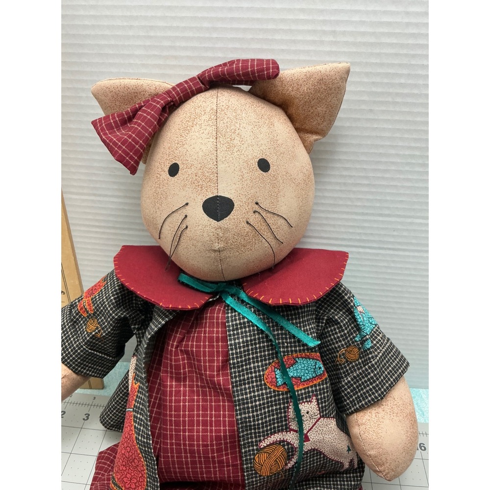 Primitive Cloth Cat Doll Folk Art Plaid Dress Embroidered Jacket Tan Red 18in